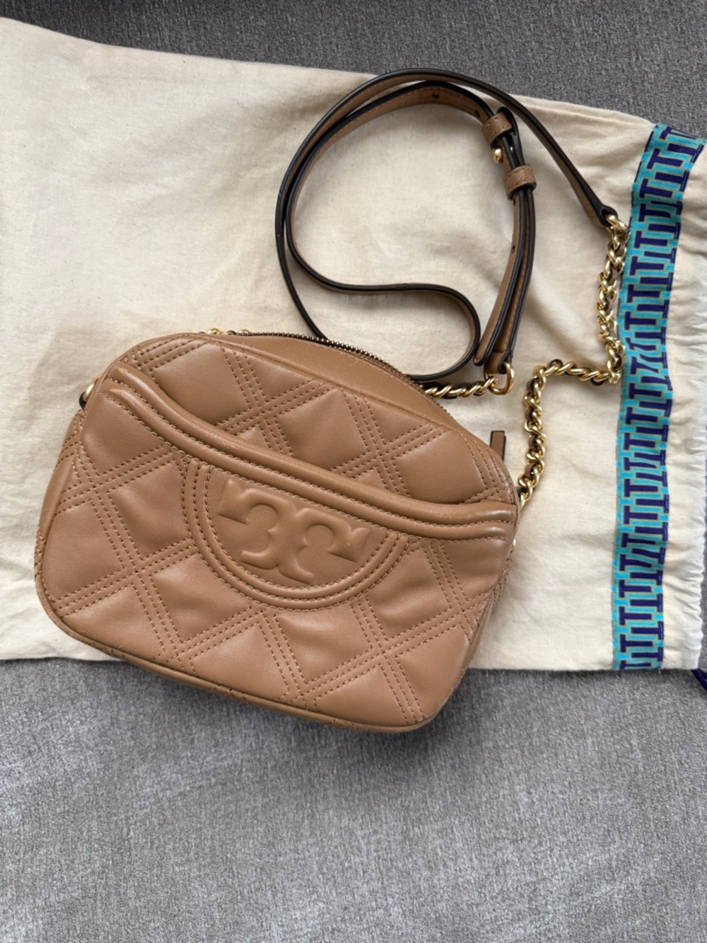 Tory Burch Quilted Tan Leather Crossbody Bag with Chain Strap